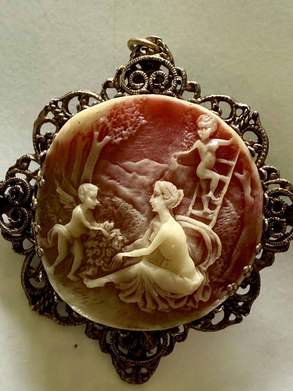 Vintage-Style Cameo Brooch with Filigree Frame